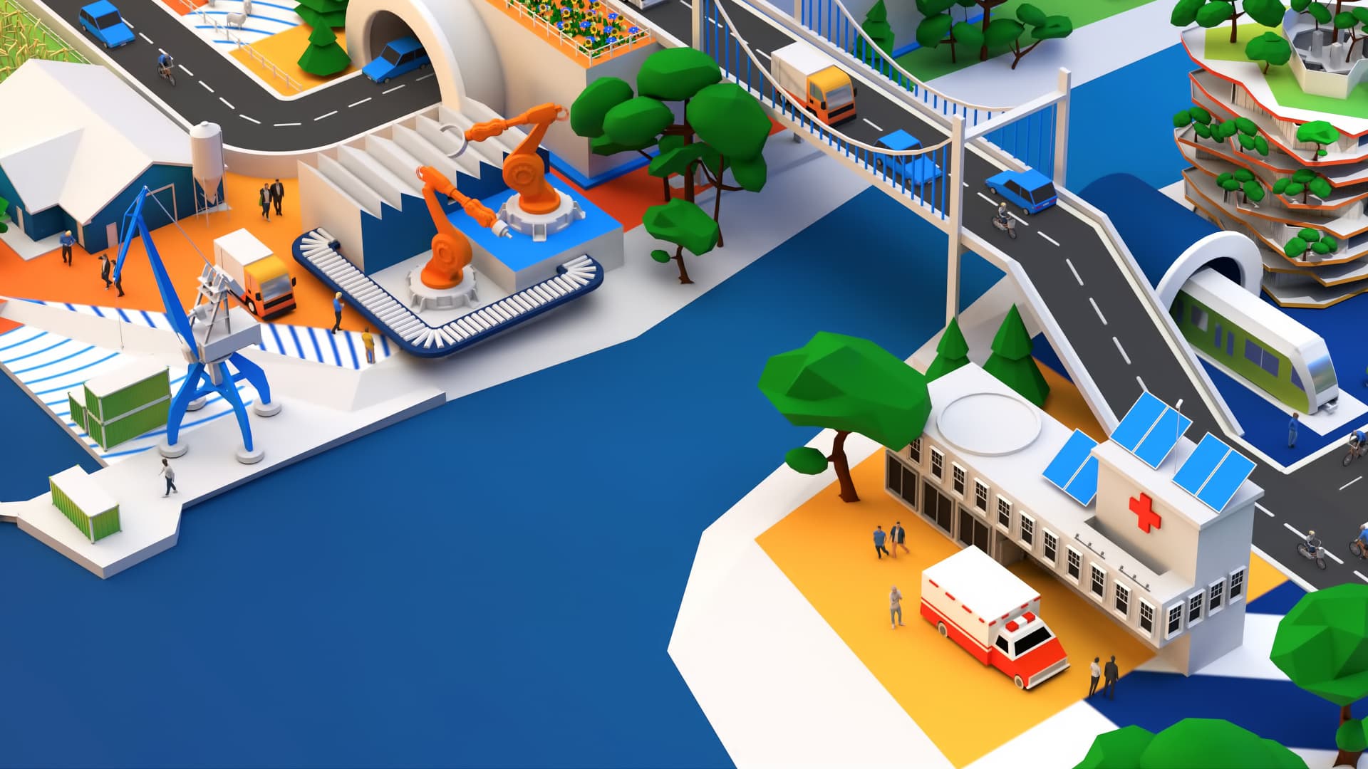 A connected illustrated world of infrastructure, engineering, and technology